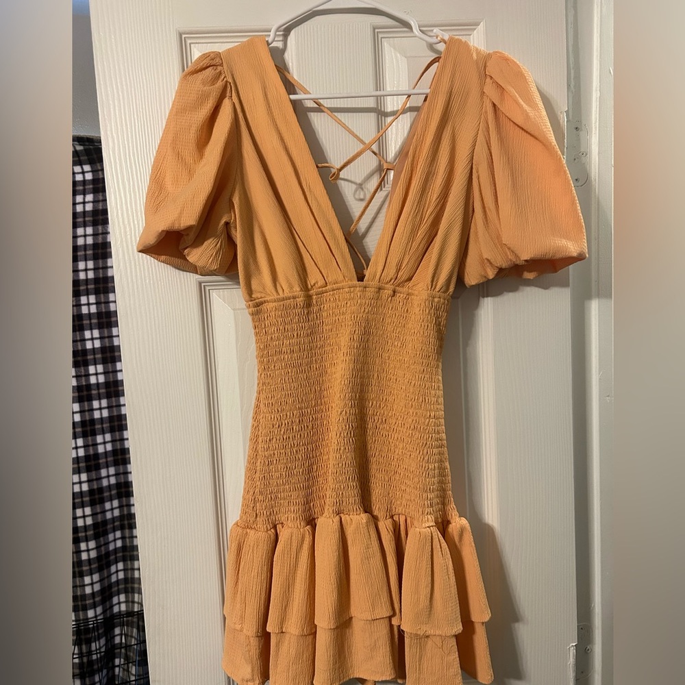Peach Puff Short Tiered Dress with Puff Sleeves